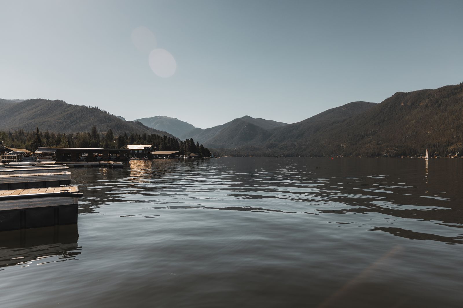 Wooden docks along the shore of Grand Lake